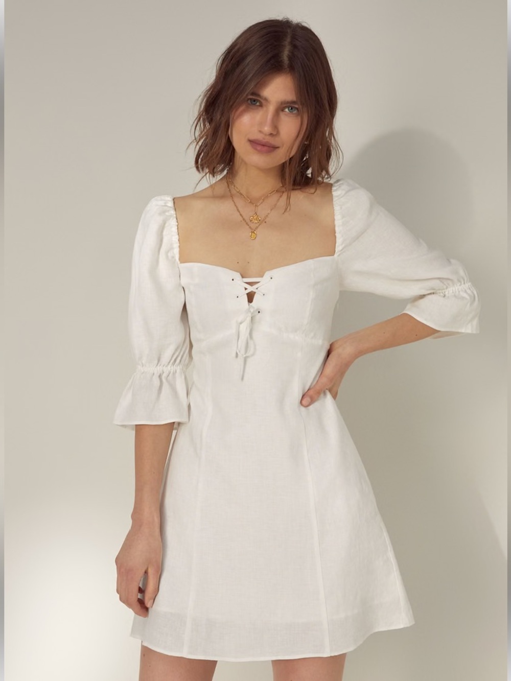 Aritzia Wilfred Stanza Linen Puff Sleeve Lace Up Mini Dress